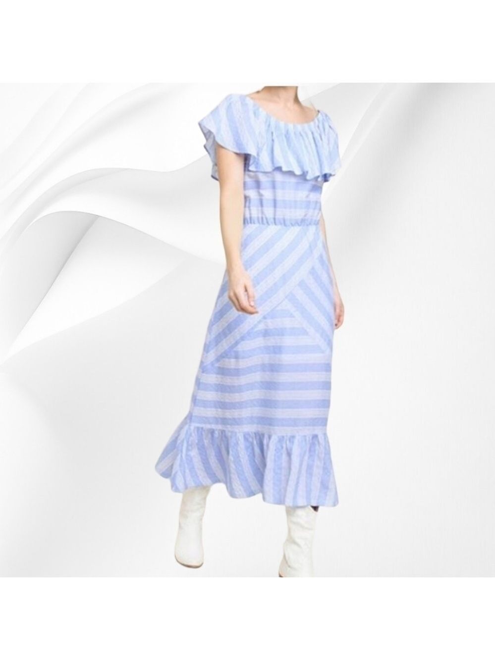 UMGEE | STRIPED RUFFLE OFF SHOULDER MAXI DRESS ELASTIC W/RUFFLE HEM & LINING